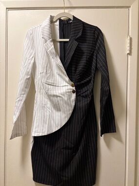 CBR Black and White Pinstripe Asymmetrical Blazer Dress